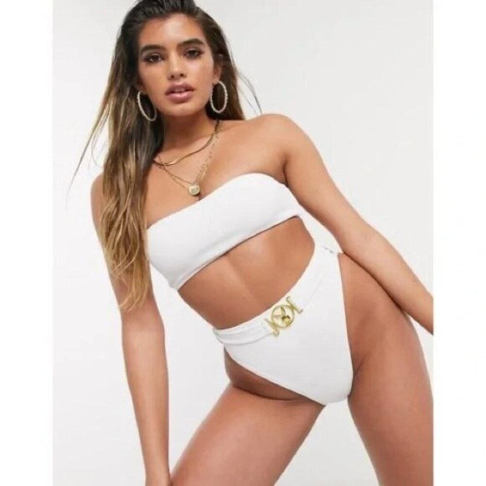 Playboy Misguided bikini bottoms Buckle Ribbed High Cheeky Waist Size 8 swimsuit